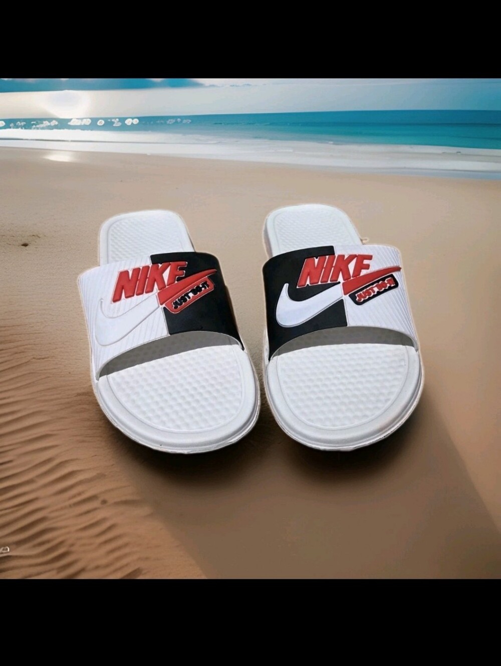 Nike Benassi JDI White and Black Slides with Red Logo Accent